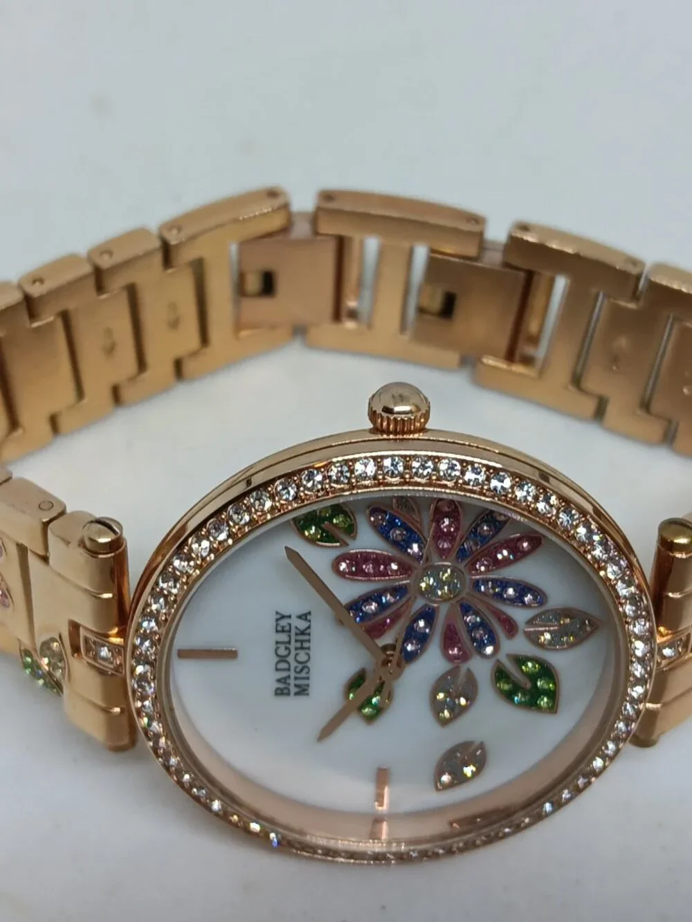 Badgley Mischka BA/1388 Women's Crystal Accent Flower Dial Rose Gold Tone Watch